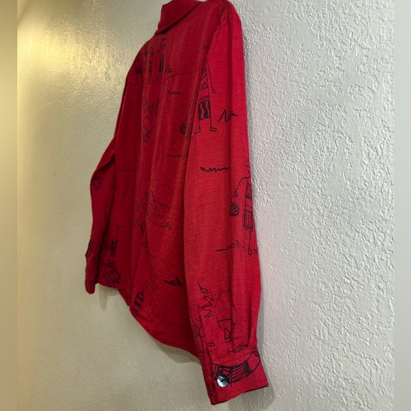 Chico’s Design Blouse Silk Linen Blend Printed Button-Up Red Size 2 - Picture 10 of 14
